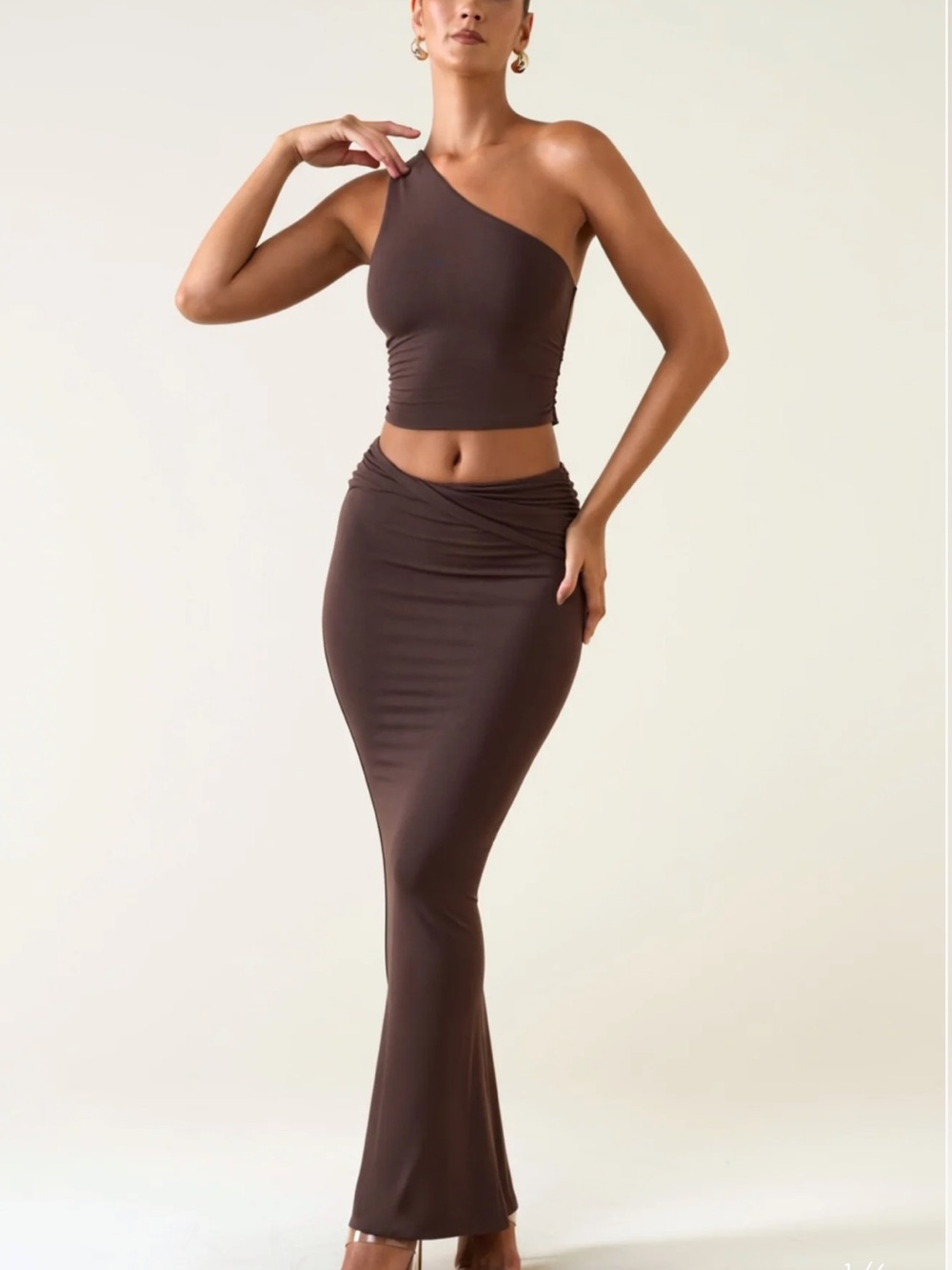 Oh Polly chocolate brown twist front maxi skirt and one shoulder crop top set